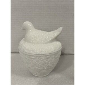 Avon Milk Glass Dove On Nest / Trinket - Candy Dish 5.25" tall